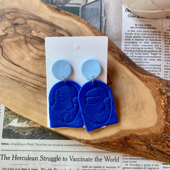 Handmade Clay Earrings | Face Outline Statue | Two Shades of Blue | Push Backs - Picture 2 of 4